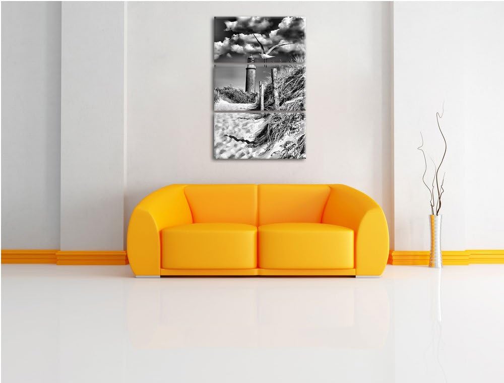 Pixxprint Schöner Leuchtturm am Strand / 3-Teilig/Gesamtmass 120cm Leinwandbild bespannt auf Holzrah