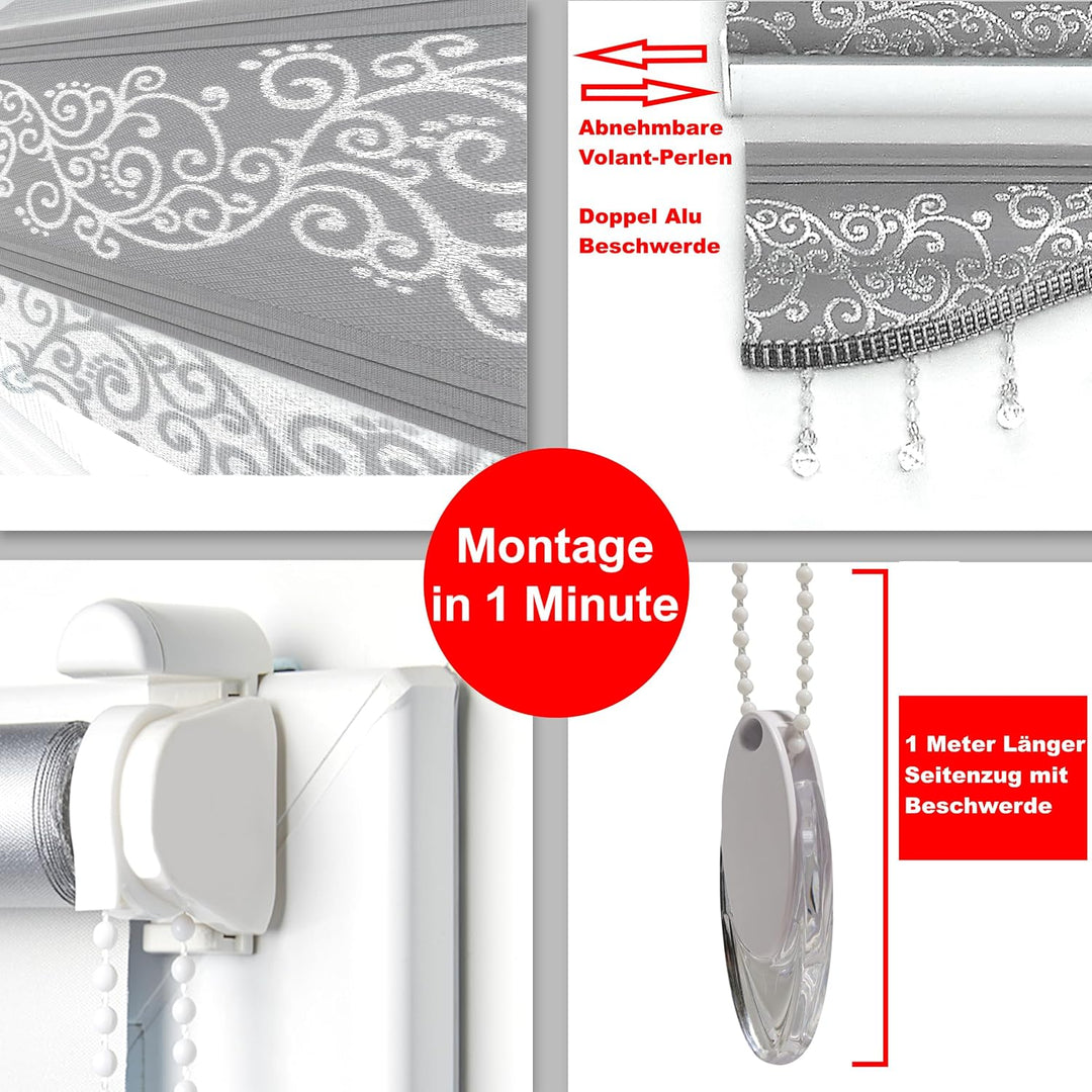 Brillant Doppelrollo Klemmfix ohne Bohren Grau Silber 200 x 110 cm (Länge x Breite) Duorollo Blickdi