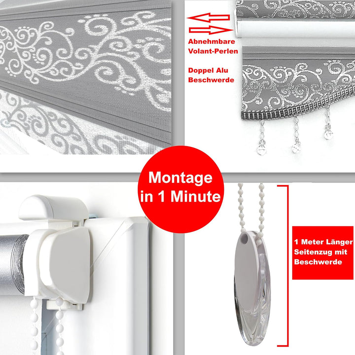 Brillant Doppelrollo Klemmfix ohne Bohren Grau Silber 200 x 110 cm (Länge x Breite) Duorollo Blickdi