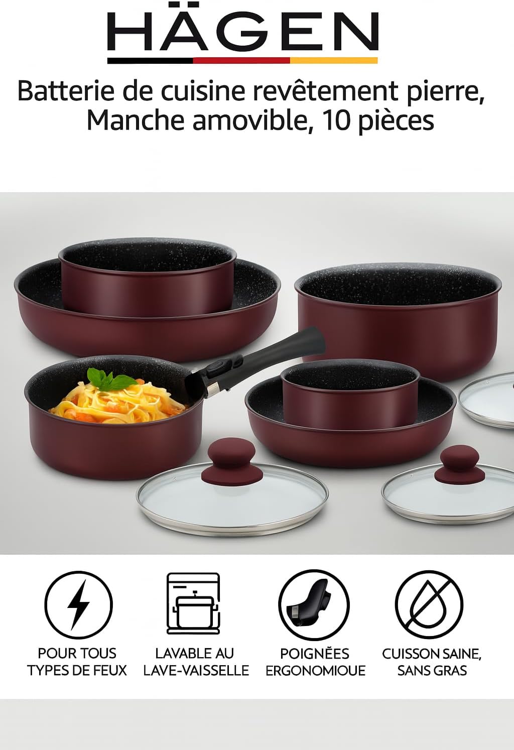 HAGEN, Stone coated cookware, Removable handle, 10 pieces, Bordeaux, Non-stick coating, All burners,