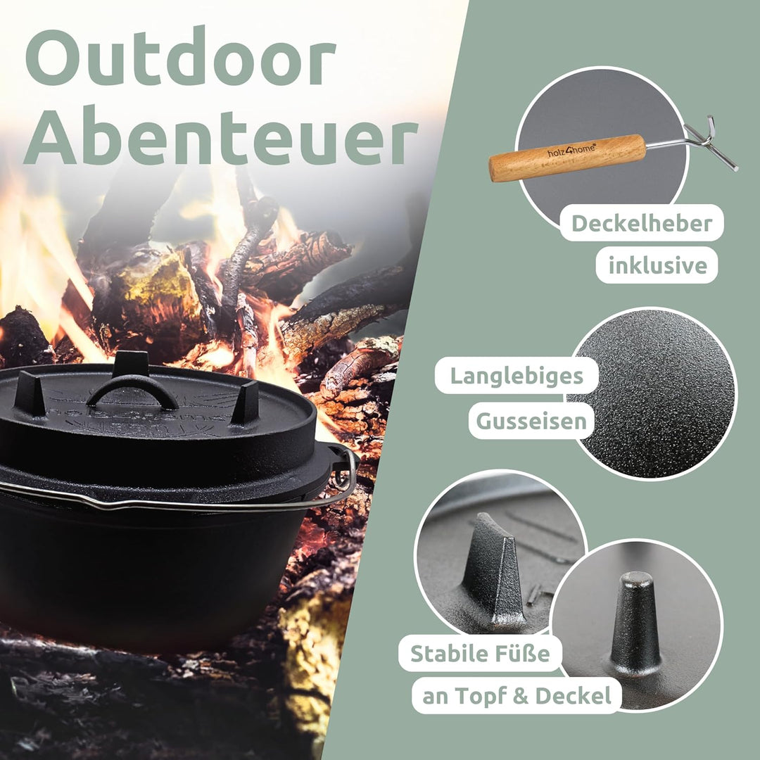 holz4home® Dutch Oven Set [9L, Mit Füssen] I Eingebrannter Feuertopf Gusseisen I Schmortopf mit Deck