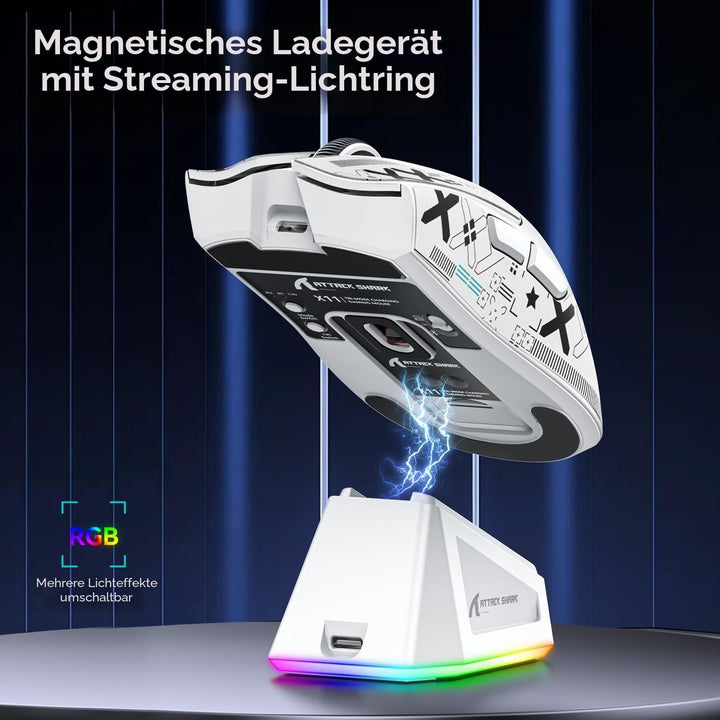 ATTACK SHARK X11 Gaming mit Magnetic Charging Dock, PixArt PAW3311 Sensor, BT/2.4G Wireless/Wired Mo