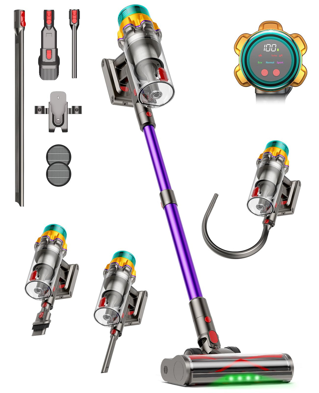 Akku Staubsauger 50000Pa/600W/65Min, staubsauger kabellos mit Display, 2L Staubbehälter, Anti-Tangle