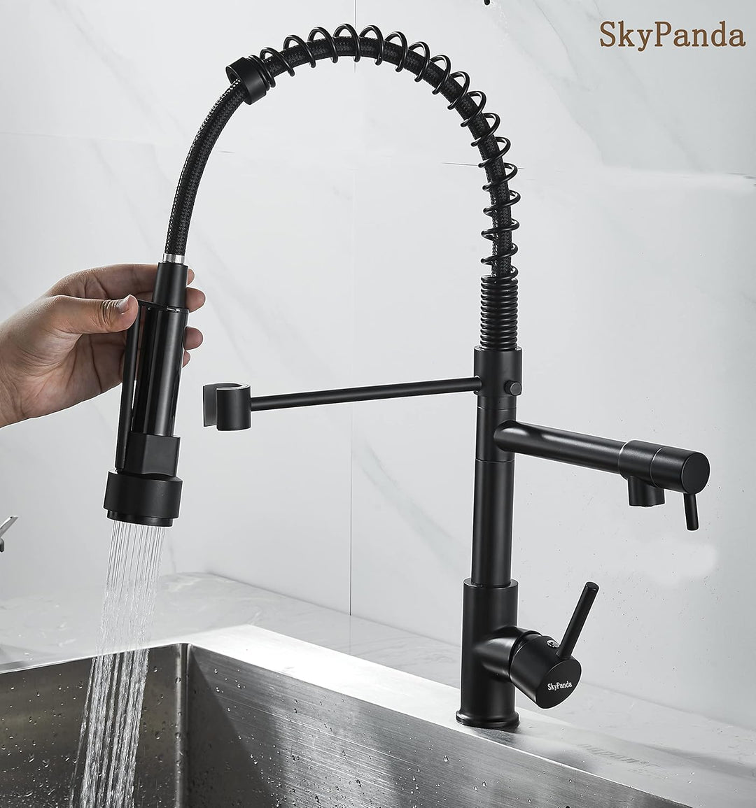 SkyPanda Küchenarmatur, schwarze Küchenarmatur 360° drehbar mit herunterziehbarem Sprühkopf, Vollkup
