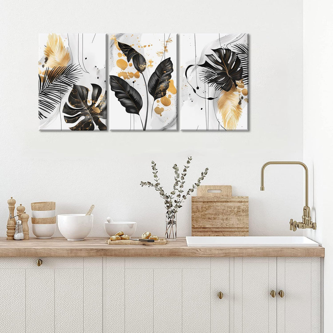 Piy Painting Modern Leinwand Wandbilder, Botanisch Blätter Leinwand Wandkunst, Schwarz Gold Weiss Ei
