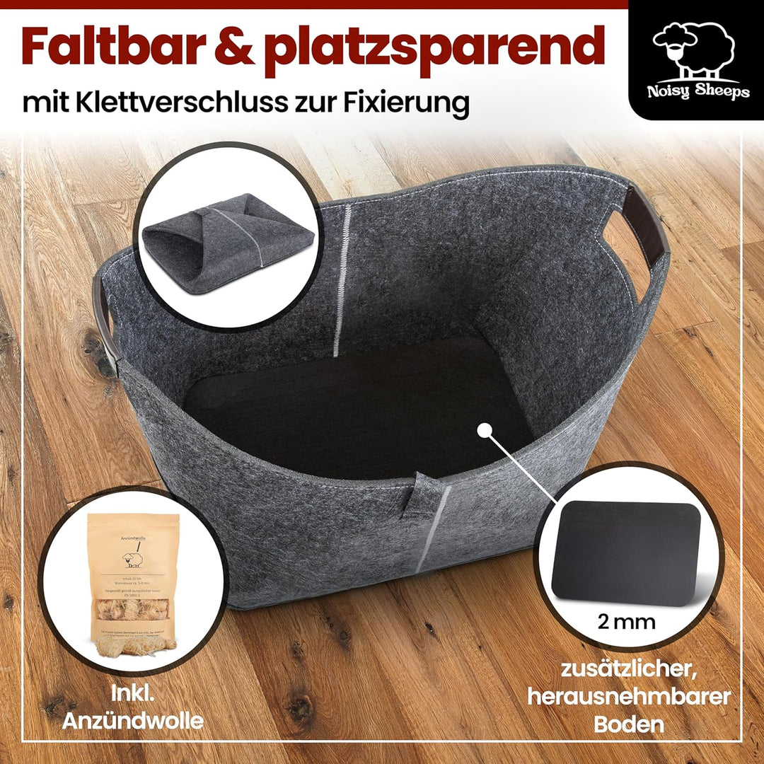 Noisy Sheeps® Holzkorb für Kaminholz gross XXL 60L | Extra starker 6mm Filz | inkl. Anzündwolle für