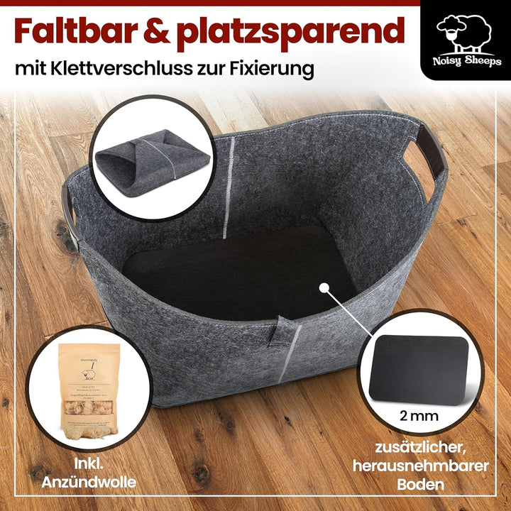 Noisy Sheeps® Holzkorb für Kaminholz gross XXL 60L | Extra starker 6mm Filz | inkl. Anzündwolle für
