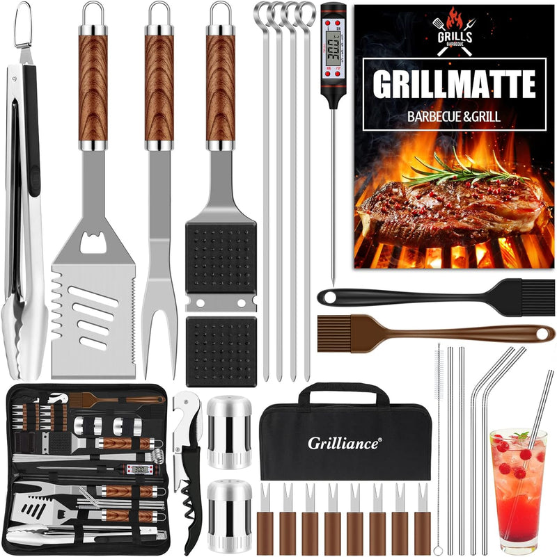 Grilliance BBQ Grillbesteck Set 30 Grillzubehör aus Hochwertiger Edelstahl Grillzange Grillspachtel