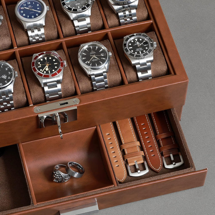 ROTHWELL Leder-Uhrenbox mit 10 Fächern, Luxus-Uhrenetui, Display-Organizer, abschliessbarer Schmuck-