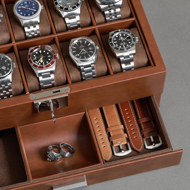 ROTHWELL Leder-Uhrenbox mit 10 Fächern, Luxus-Uhrenetui, Display-Organizer, abschliessbarer Schmuck-