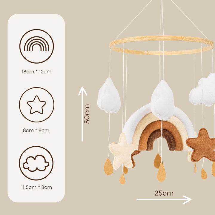 Mobile Baby Babybett Windspiel Filz | Regenbogen, Sterne & Wolken | hängende Dekoration Wickeltisch