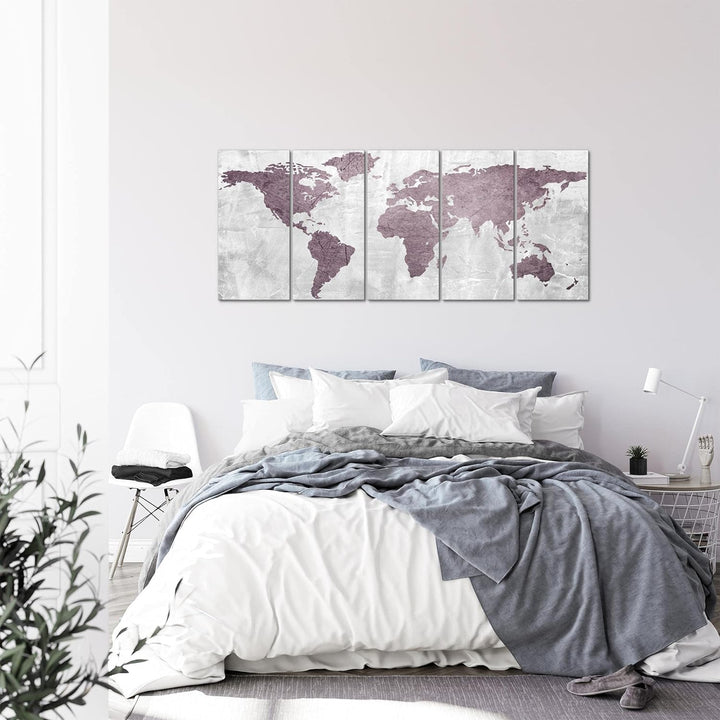 Runa Art Wandbild XXL Weltkarte Büro Wohnzimmer 200 x 80 cm Rosa 5 Teilig - Made in Germany - 104355