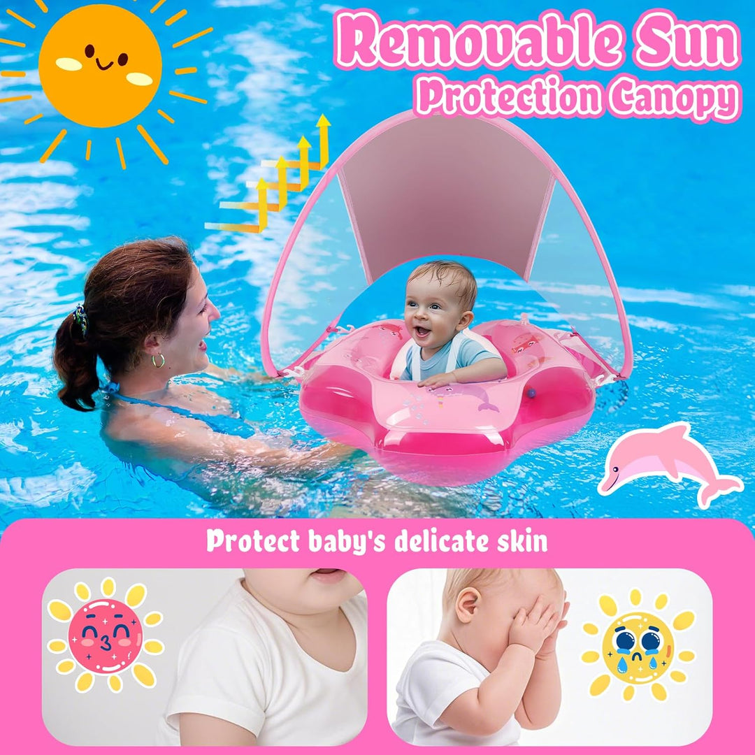 Olycism Baby Schwimmring mit Sonnendach UPF50+ & Spielzeug Spielen Lenkrad Kinderboot Babyschwimmrei