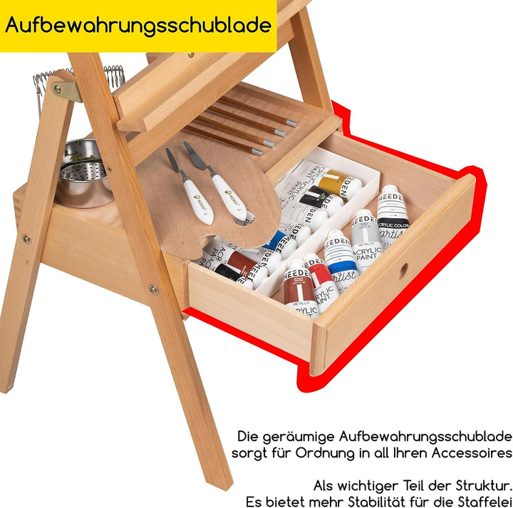 MEEDEN Staffelei Holz Gross mit Aufbewahrungsschublade, Verstellbarer Leinwand Ständer aus deutsche