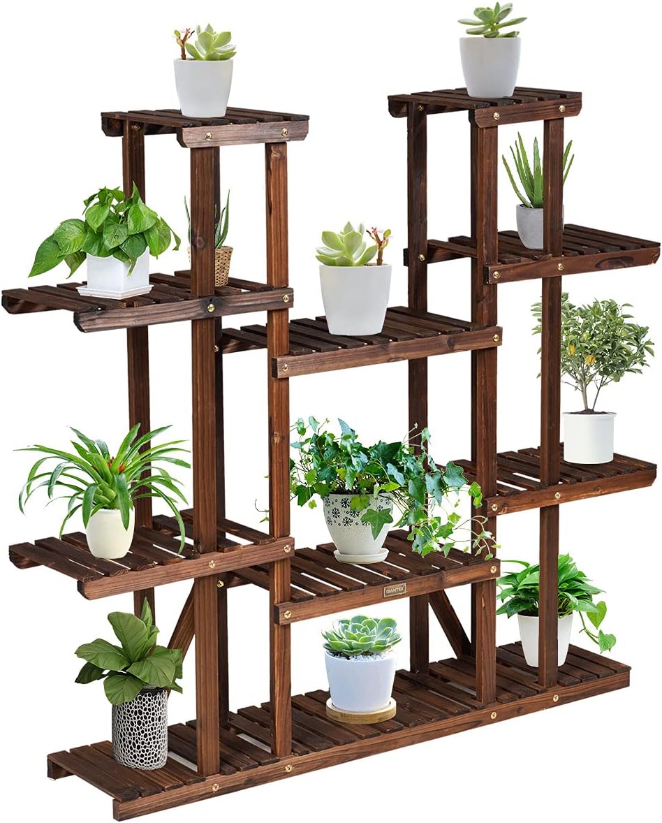GIANTEX Pflanzenregal Blumenregal Holz, Blumenständer 6 Ebenen, Pflanzenregal Gartenregal mehrstöcki