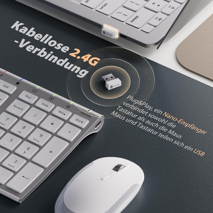 iClever Kabellos Tastatur Maus Set, Wiederaufladbare Kabellose Tastatur und Maus, QWERTZ Layout (Deu