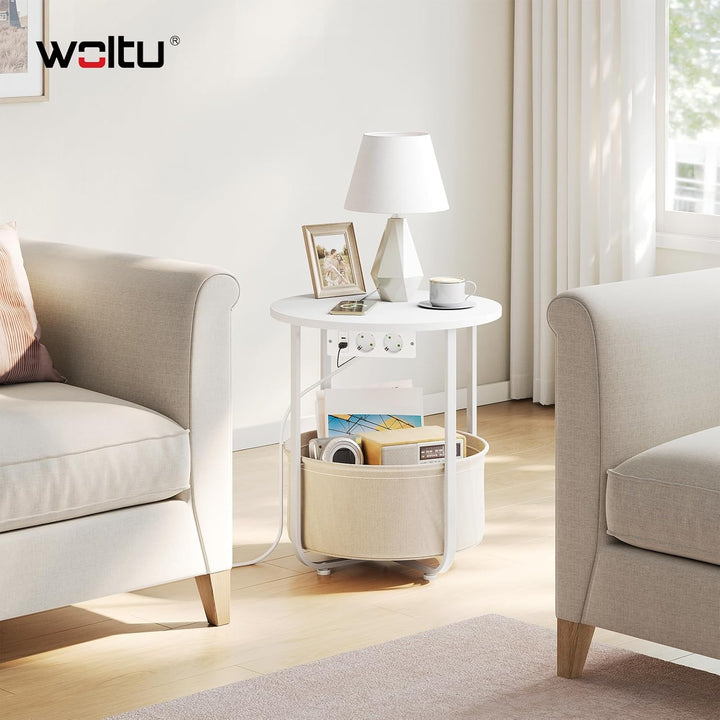 WOLTU Couchtisch rund, Kleiner Beistelltisch mit Steckdose, Abnehmbarer Korb aus Stoff, Metallrahmen