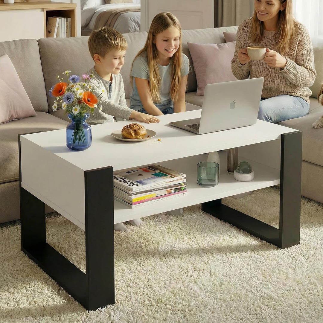 Wohnzimmer Tisch für Couch aus hochwertigem Holz, moderner Couchtisch mit zusätzlicher Ablagefläche,
