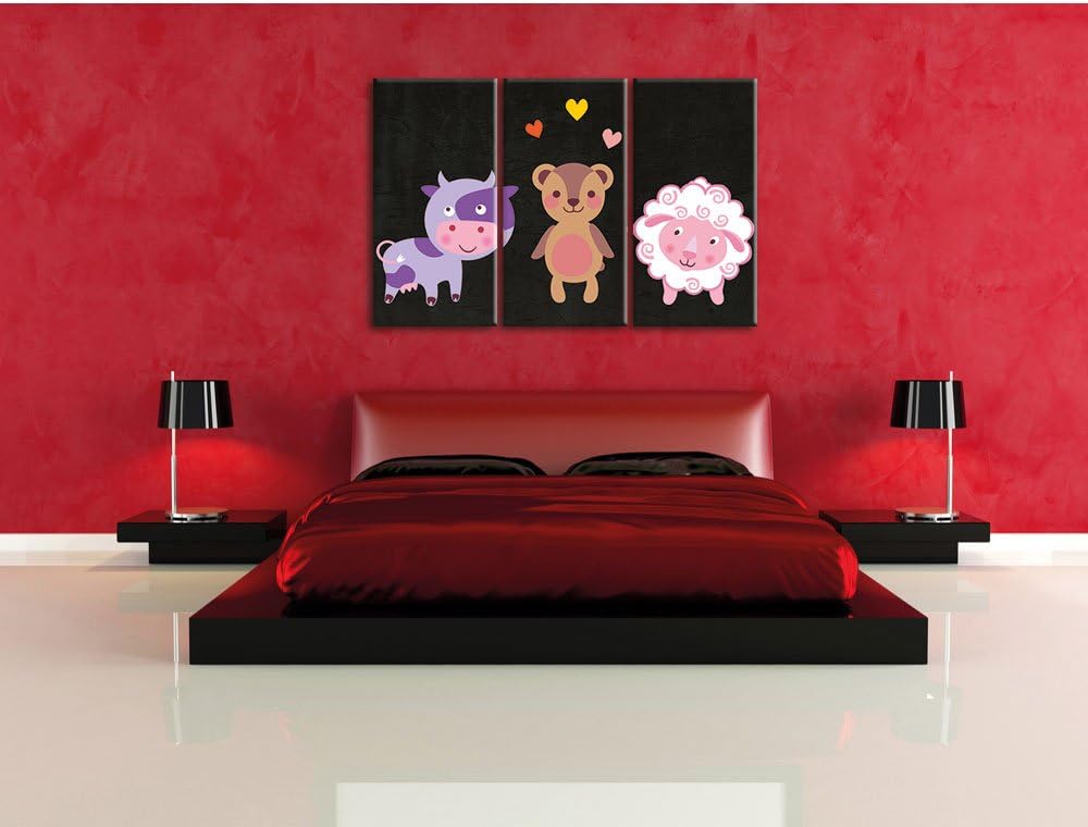Pixxprint Kuh Teddy und Schaf als Leinwandbild/Grösse: 3 Teilig (120x80) cm/Wandbild/Kunstdruck/fert
