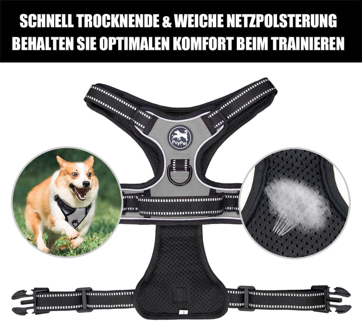 PoyPet No Pull Hundegeschirr, reflektierendes Westengeschirr mit 2 Leinenbefestigungen und einfachem