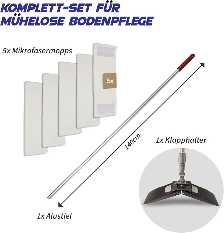 Bodenwischer Set Moppstange Aluminium mit Rändelhandgriff + Klapphalter & 5x Microfasermopp Bezug 50