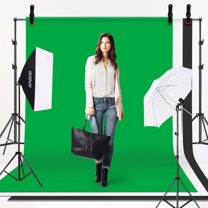 Andoer Fotostudio Set, 1.8M x 2.7M Hintergrund Stützsystem (Grün Schwarz Weiss) mit Softbox, Dauerli