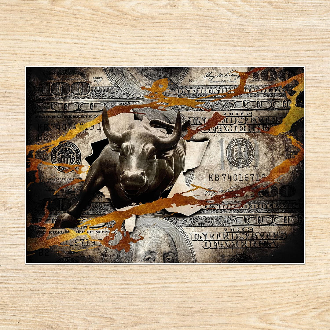 wandmotiv24 Poster als Wanddeko, Grösse Din A1, Stier stürmt durch Geldschein, Dollar, Geld, Tier, M