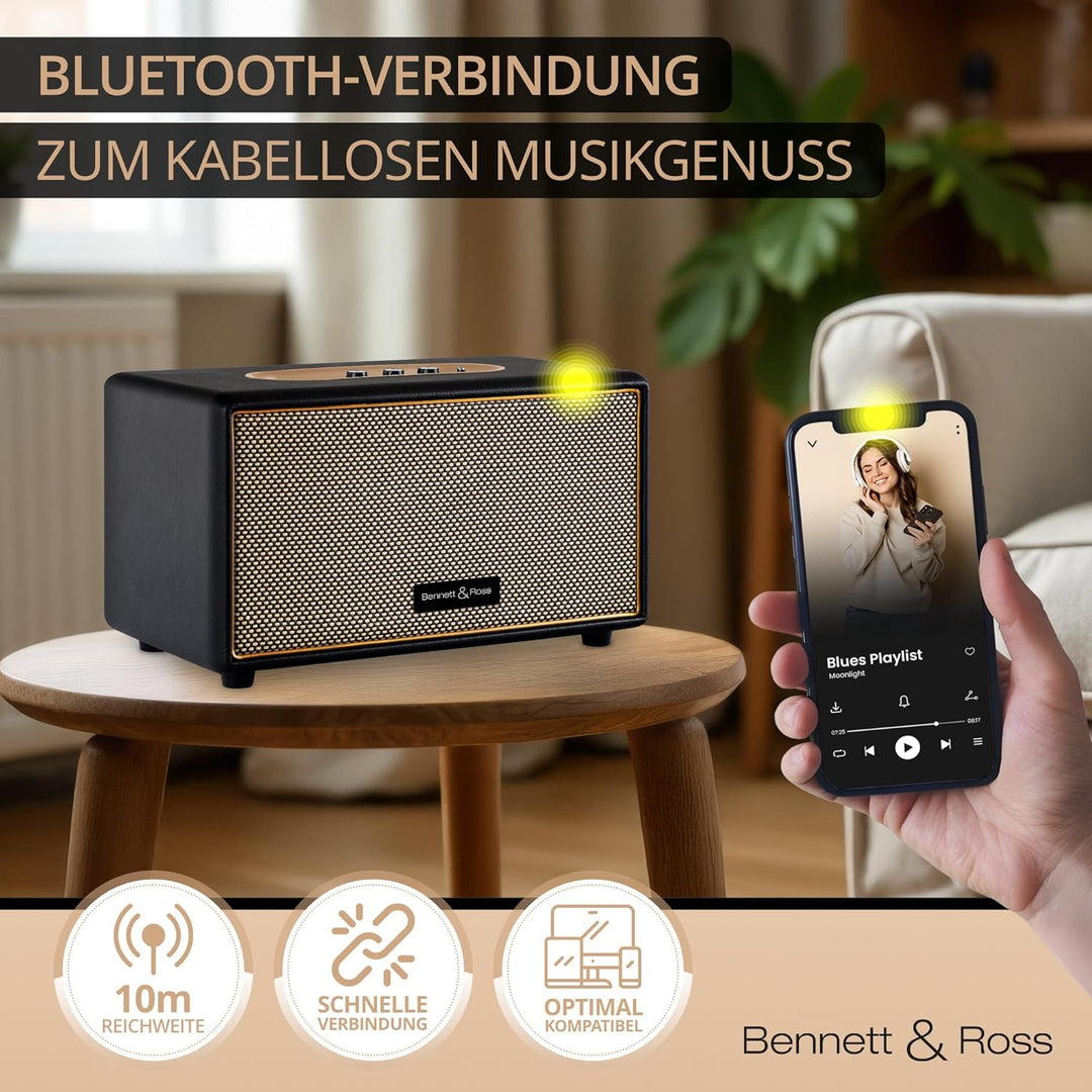 Bennett & Ross BB-860BK Blackmore - Retro Bluetooth Lautsprecher in Lederoptik - Vintage Speaker mit