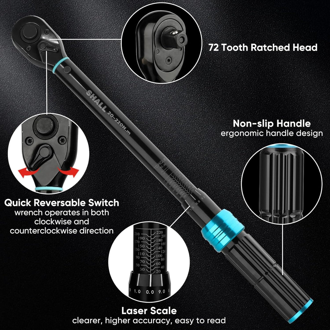 Shall 7-Piece 1/2" Torque Wrench Set, (20-220Nm), Suitable for car and motorcycle maintenance,With e