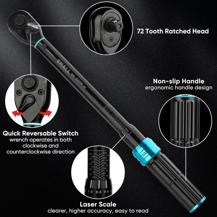 Shall 7-Piece 1/2" Torque Wrench Set, (20-220Nm), Suitable for car and motorcycle maintenance,With e