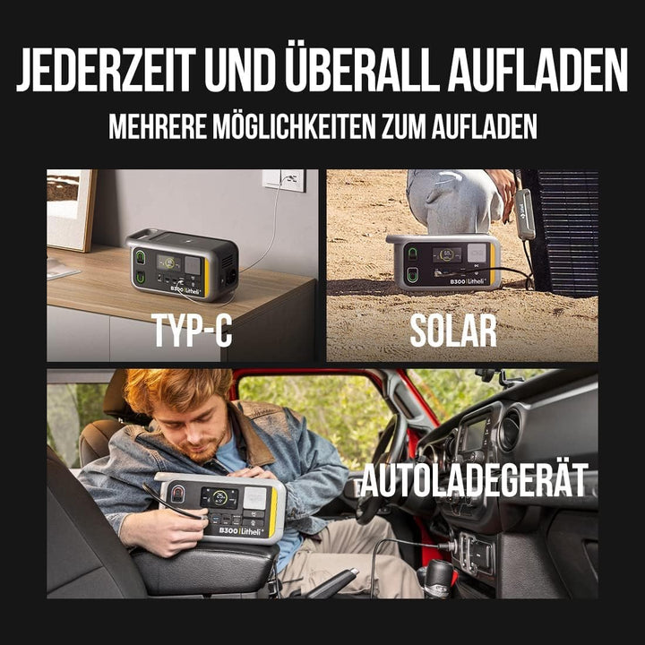 Litheli Tragbare Powerstation B300 336Wh Stromgenerator mit Reinem Sinuswellen-AC-Ausgang, 100W PD S