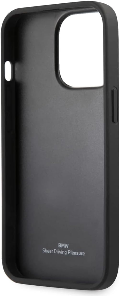 BMW Handyhülle für iPhone 13 Pro in Beige mit perforierten geprägten Linien, Echtleder Schutzhülle &