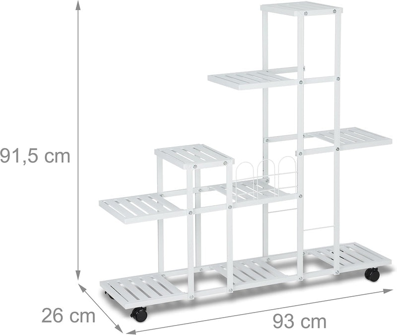 Relaxdays Blumenständer mit Rollen, H x B x T: 91,5 x 93 x 26 cm, Metall, 9 Ablagen, Pflanzenständer