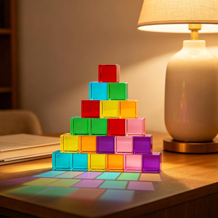 21pcs Acryl Bausteine Kinder, Würfel Sensorik Bausteine Jelly Blocks, Lichtbausteine, Montessori Reg