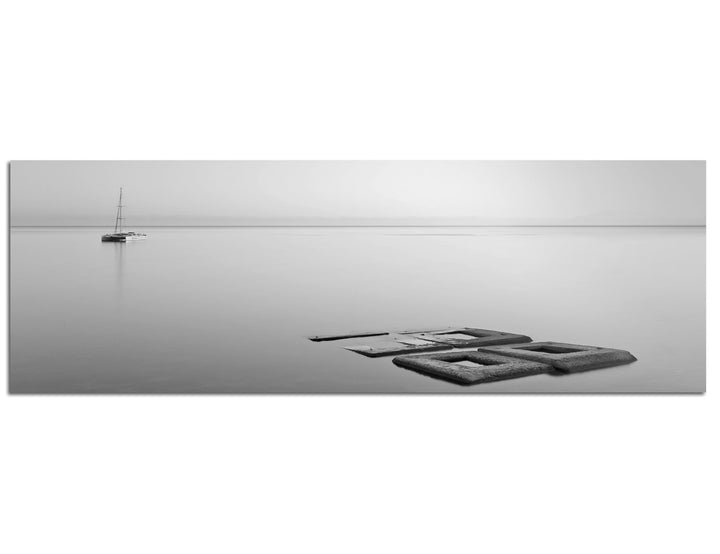 Paul Sinus Art Panoramabild auf Leinwand und Keilrahmen 120x40cm Meer Steine Boot minimalistisch