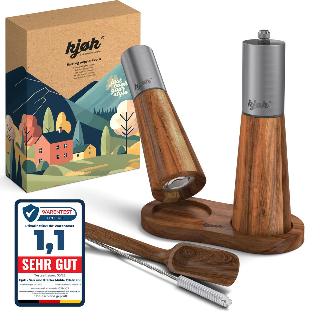 kjøk Premium Salz und Pfeffer Mühle Edelstahl und massives Akazienholz mit Untersetzer, Reinigungsbü