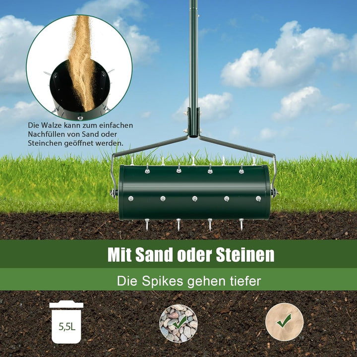 SOARS Rasenlüfter Walze, Rasenbelüfter mit 3,5cm Nägeln & Stiel, Handvertikutierer befüllbar, Garten