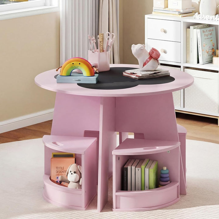 FANTASK 5-TLG. Kindertisch Stuhl Set Rund, Holztisch mit 4 Stauraumhockern, Maltisch für Kinderzimme