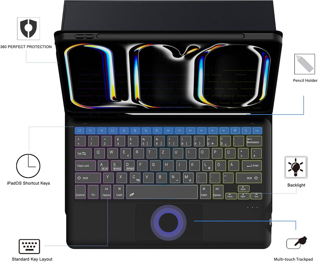 für iPad Pro 13 Zoll (M4) 2024 Hülle mit Abnehmbare Tastatur : DIY 3-Zonen 7-Farbiger Beleuchtung Ta