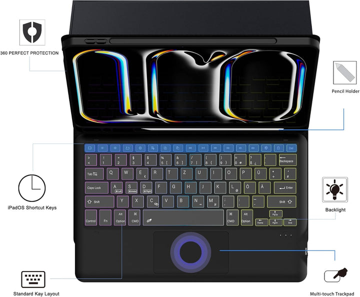 für iPad Pro 13 Zoll (M4) 2024 Hülle mit Abnehmbare Tastatur : DIY 3-Zonen 7-Farbiger Beleuchtung Ta