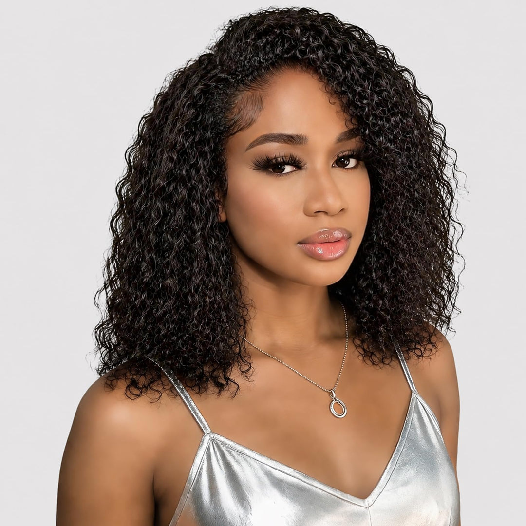 Tunfine Curly Half Wig Echthaar perücke 200 Dichte Water Wave 3 in 1 Seamless Flip Over Wigs Perücke