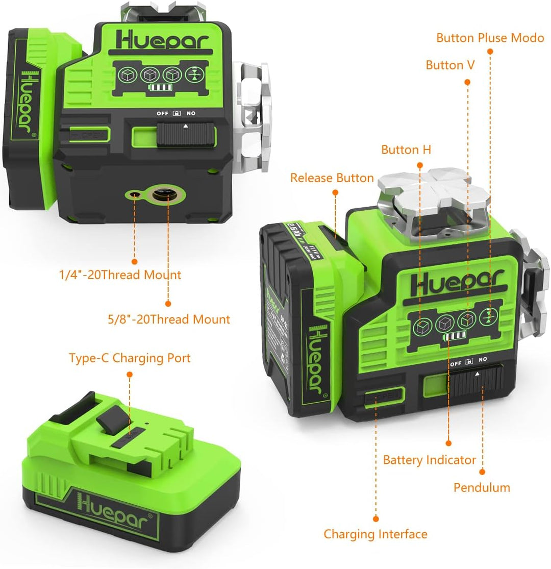 Huepar Lasernivellier Selbstnivellierend 2x360° Outdoor Bluetooth Grüne Kreuzlinien für Konstruktion