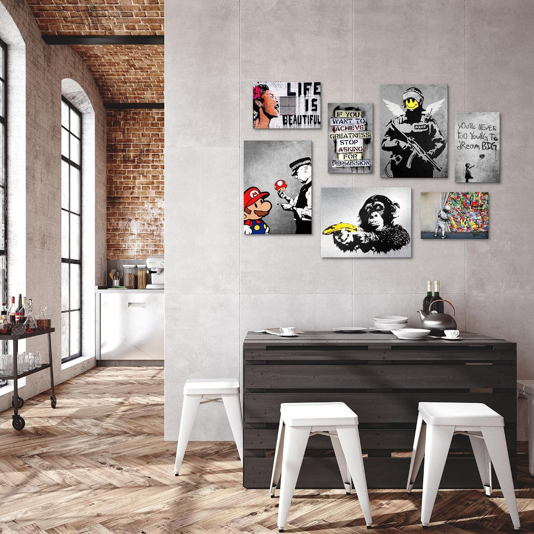 Novart Wandbilder Banksy Collage - KOMPLETT AUFHÄNGFERTIG - Street Art Wohnzimmer Büro- 7 Moderne Mo