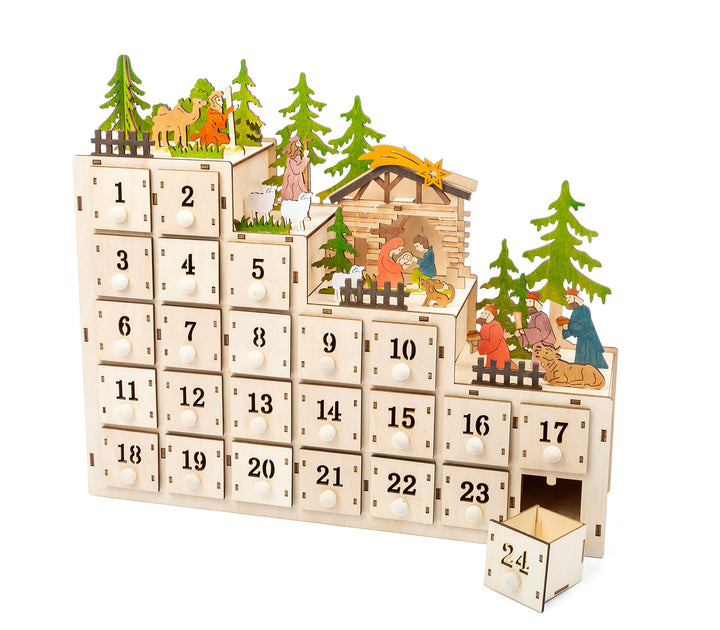 small foot 11392 Adventskalender Weihnachtskrippe, aus Holz, mit Beleuchtung Dekoration, Mehrfarbig,