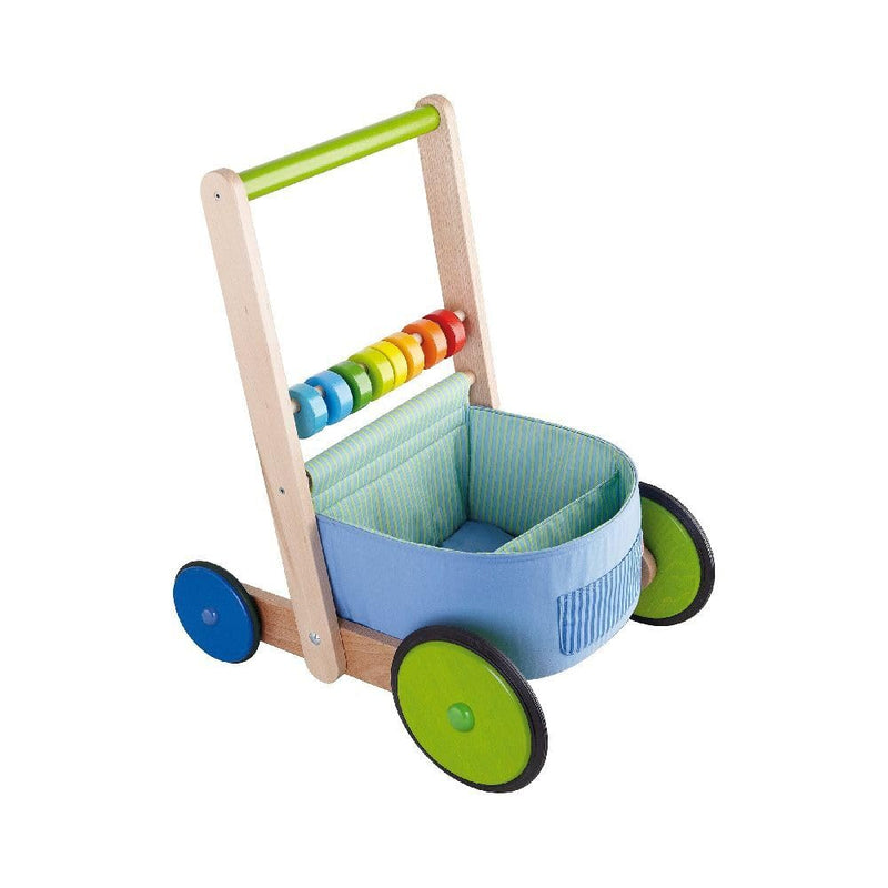 HABA 6432 - Lauflernwagen Farbenspass, Lauflernhilfe aus Holz und Textil mit bunten Spielelementen,