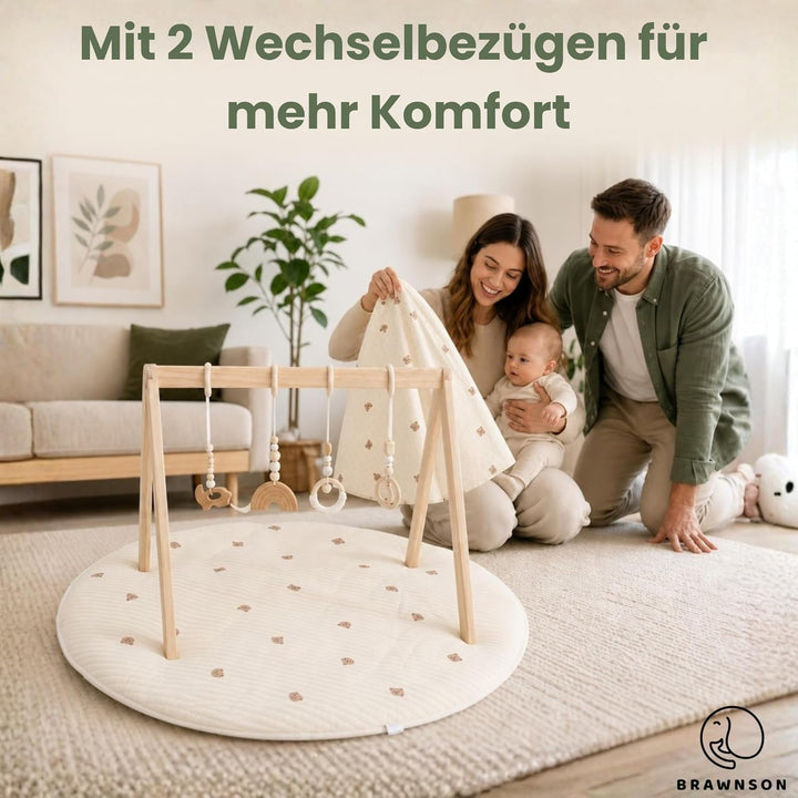 Baby Spielbogen aus Holz mit Spielmatte – 2 Bezüge inklusive – Montessori Baby Gym – Extra dicke 4 c