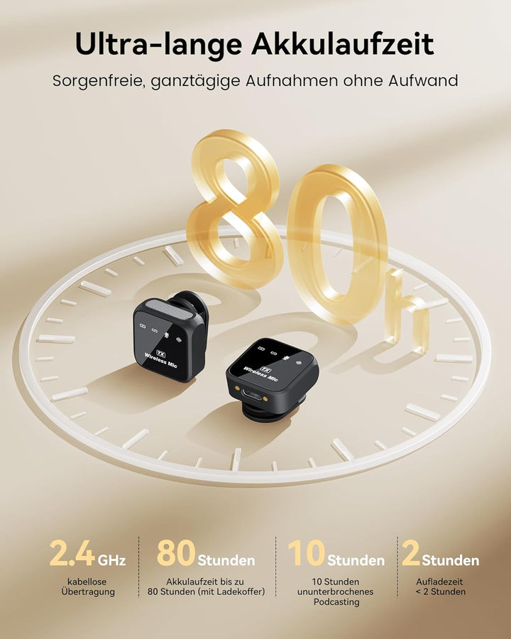 Kabelloses Lavalier Mikrofon mit Ladekoffer, 80h Akkulaufzeit, Rauschunterdrückung, 50m Reichweite,