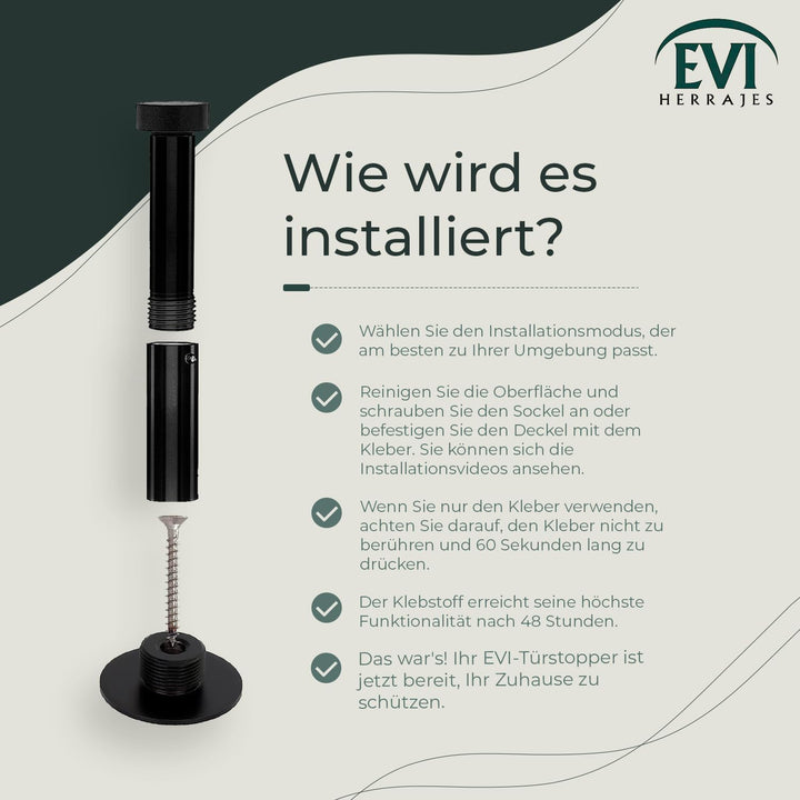 EVI HERRAJES Verstellbarer Türstopper aus Messing, Dual-Installation (Schwarz Lackiert - Schwarzer G
