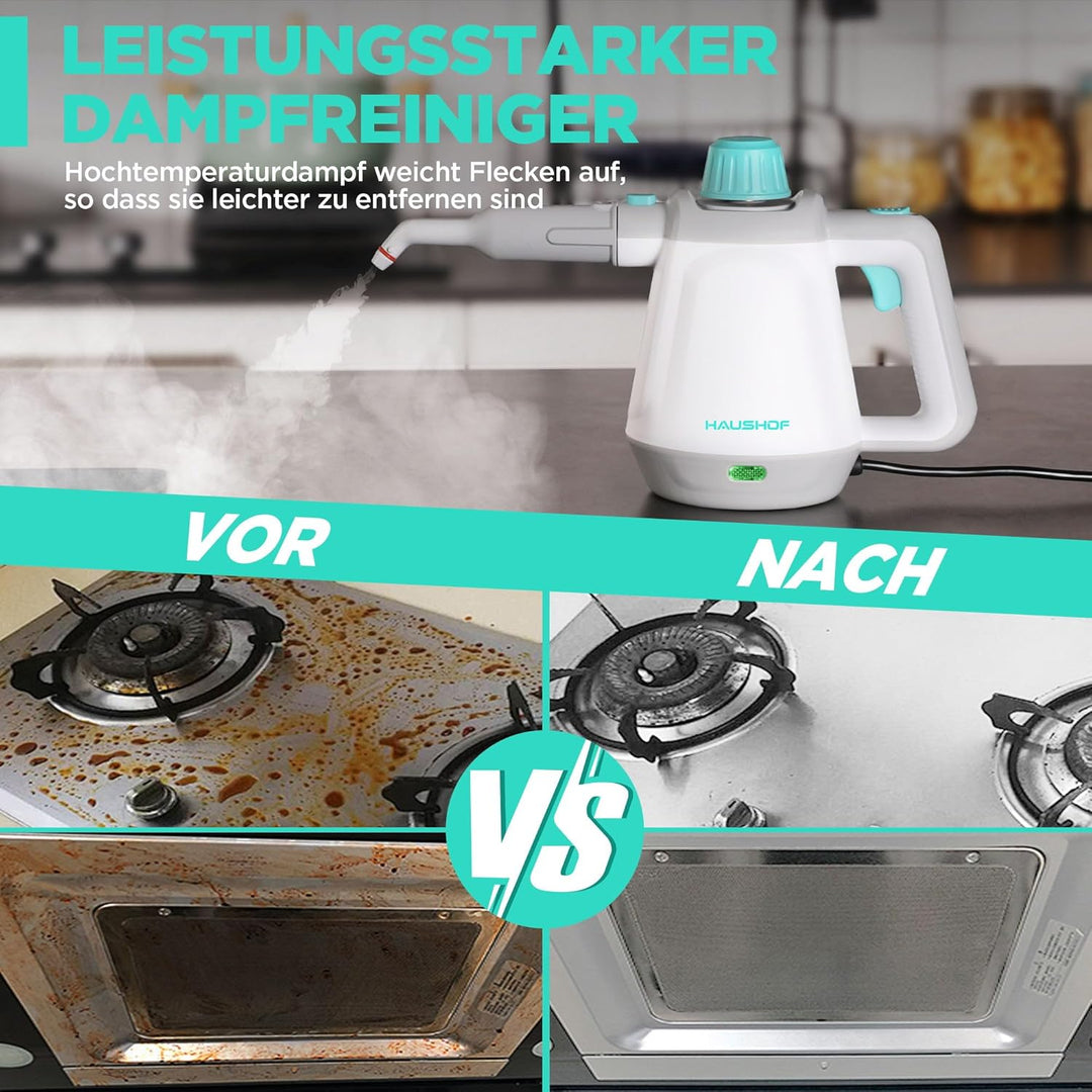 HAUSHOF Dampfreiniger Handgerät 450ml, 1200W Hand Dampfreiniger für alles mit 8 Zubehör, 3,0 bar Dam