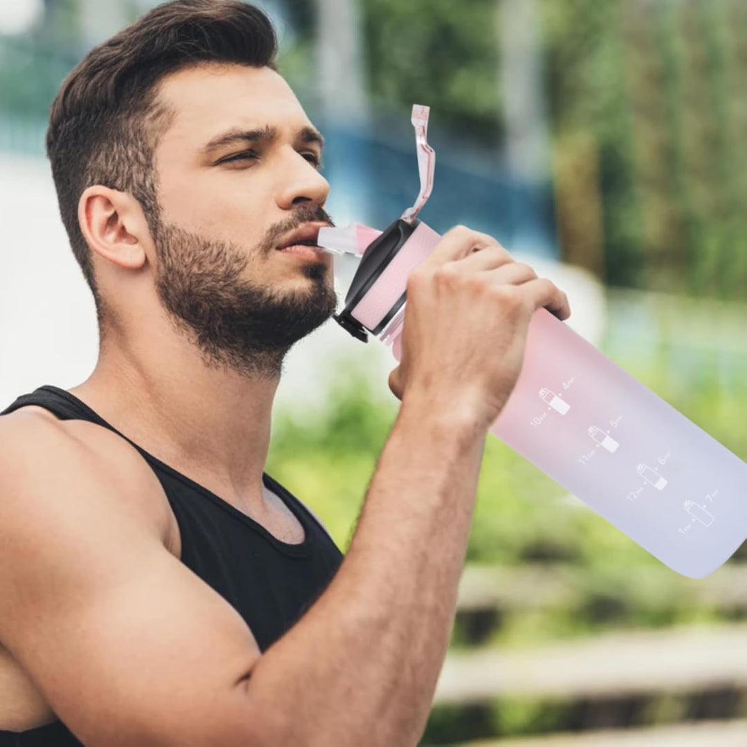 NAVTUE 1 Liter Sport-Wasserflasche mit Strohhalm und Zeitmarkierungen, auslaufsichere Tritan-Trinkfl